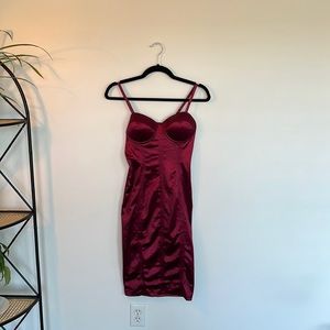 Fashion Nova Satin Bustier Dress in Wine